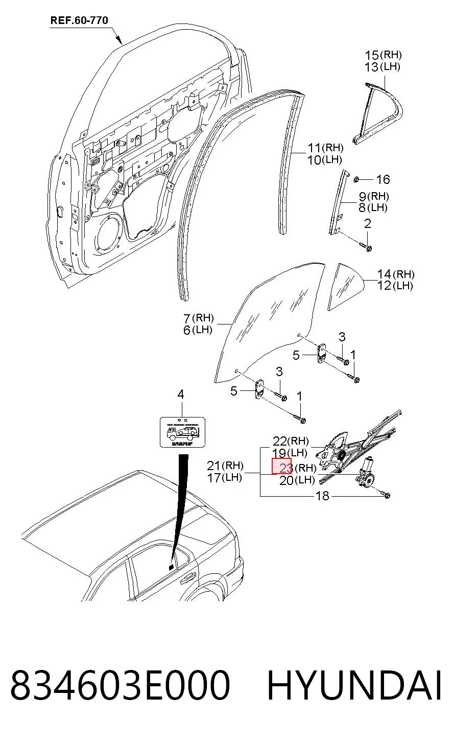 834603E000 Hyundai/Kia Motor del elevalunas de la puerta trasera derecha
