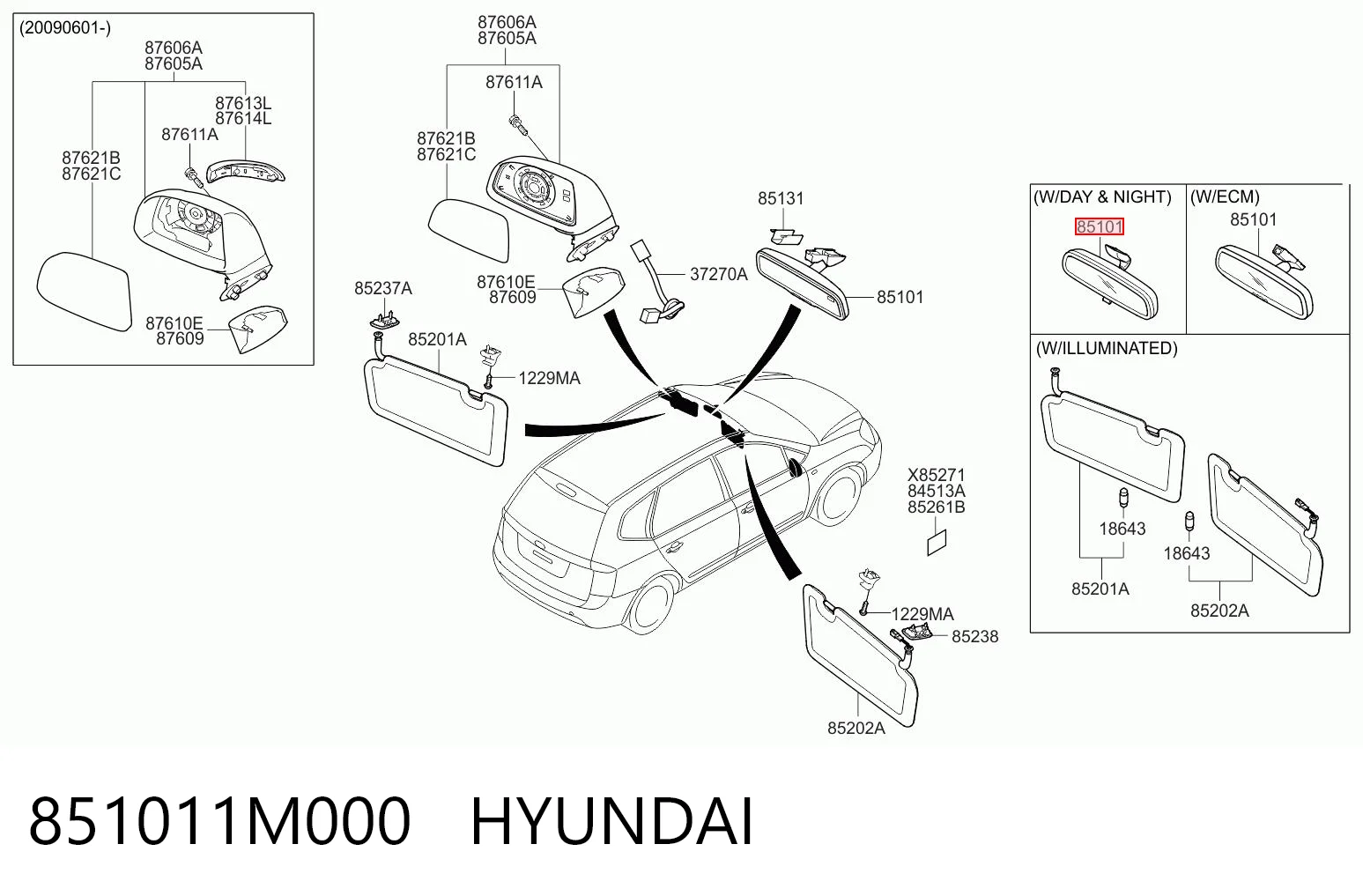 851011M000 Hyundai/Kia Espejo retrovisor interior
