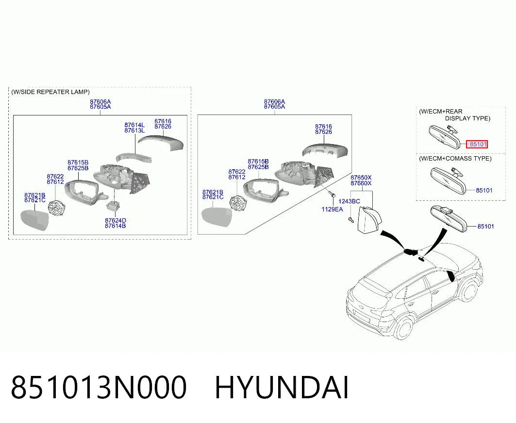 851013N000 Hyundai/Kia Espejo retrovisor interior