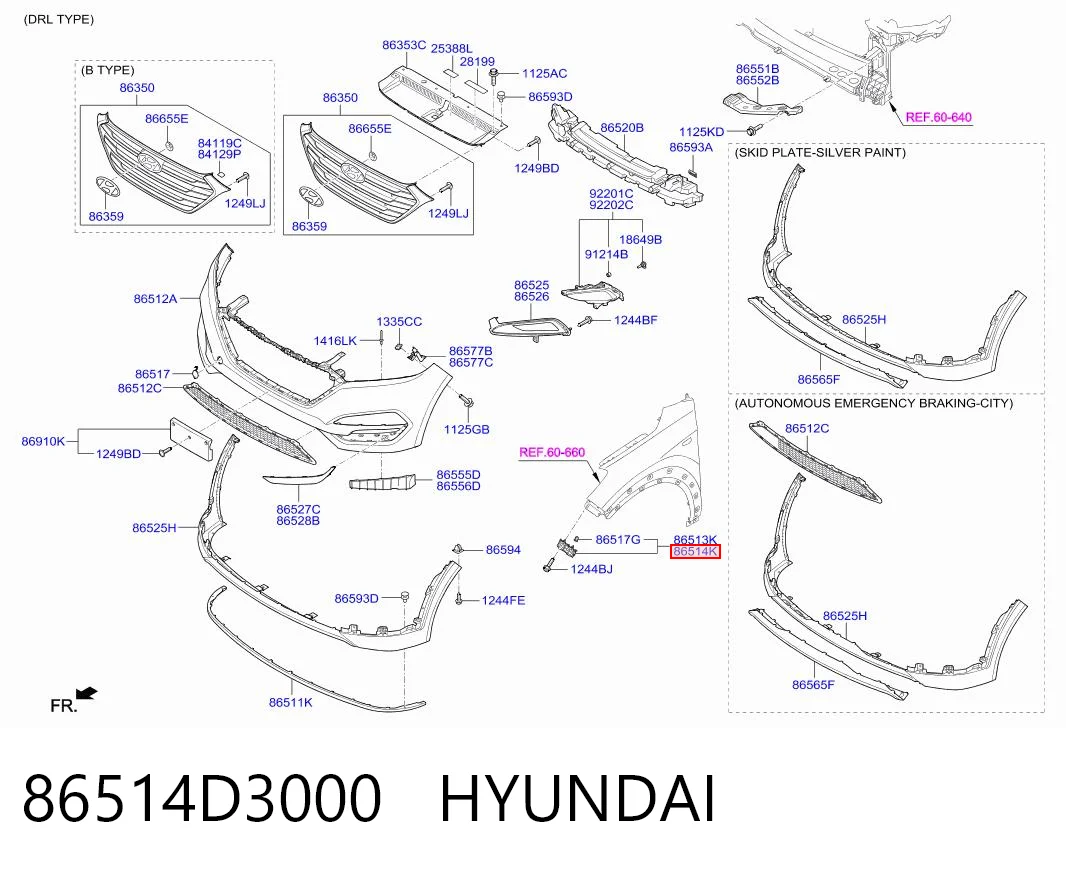 86514D3000 Hyundai/Kia Soporte de parachoques delantero derecho