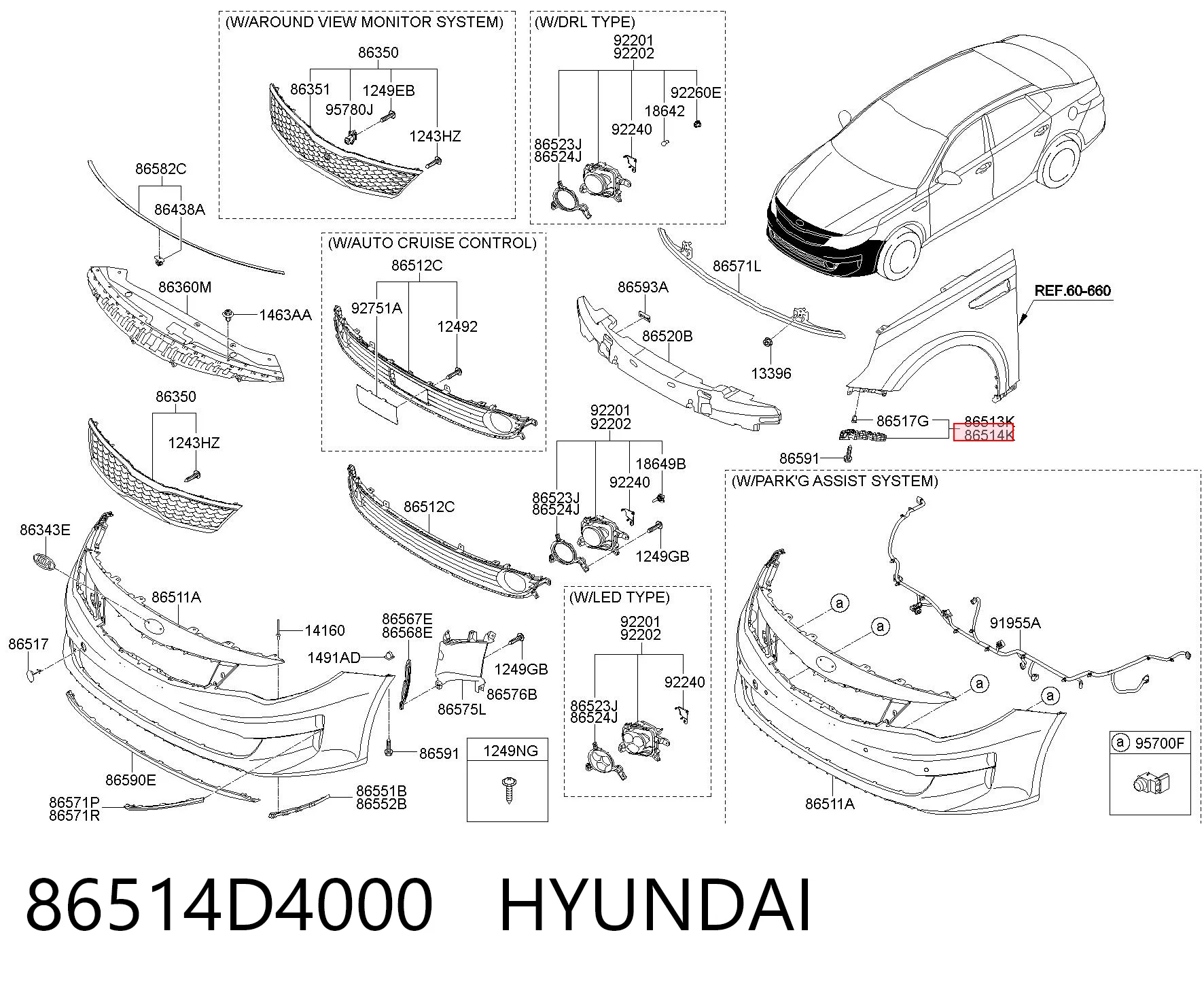 86514D4000 Hyundai/Kia Soporte exterior derecho del parachoques delantero