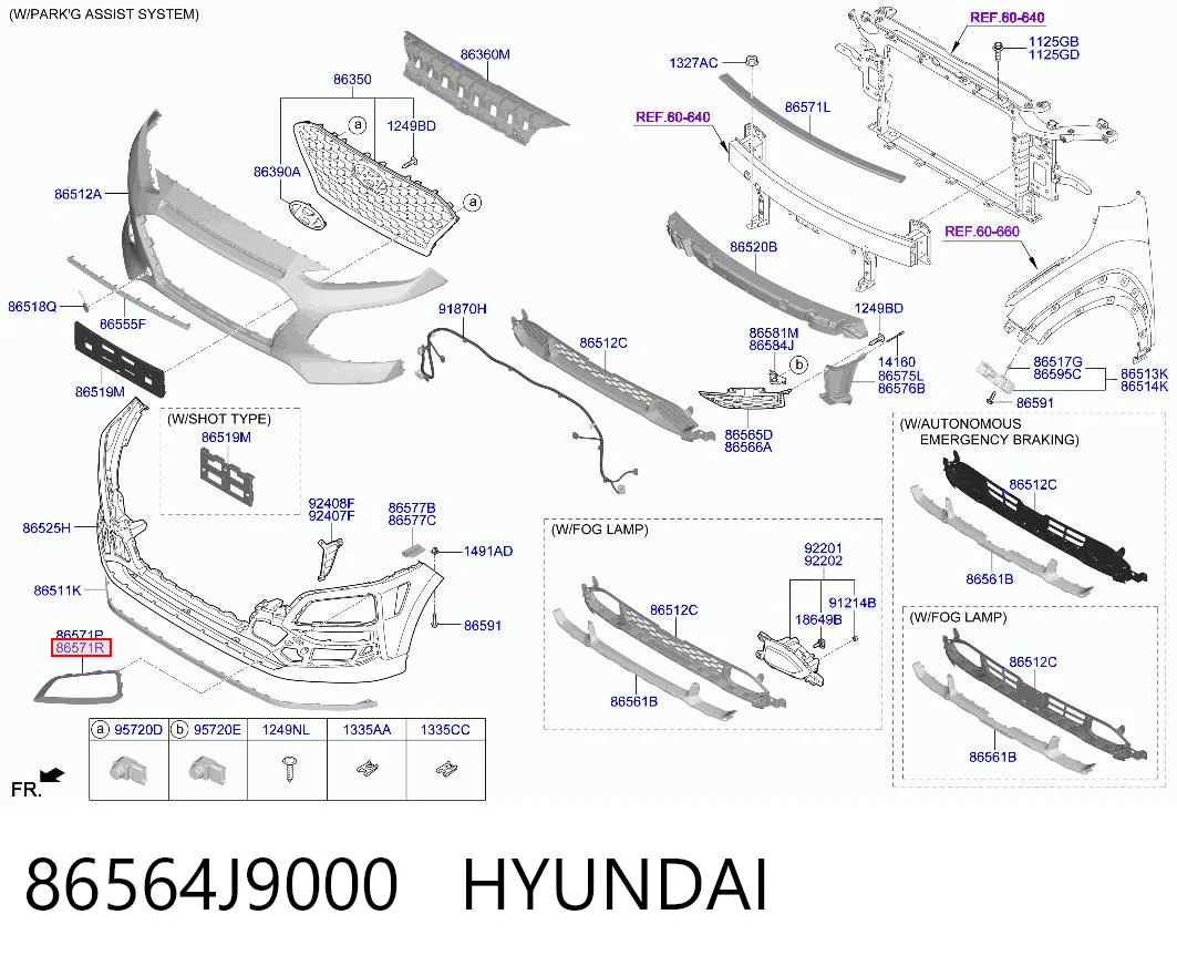 86564J9000 Hyundai/Kia Moldura del parachoques delantero derecho