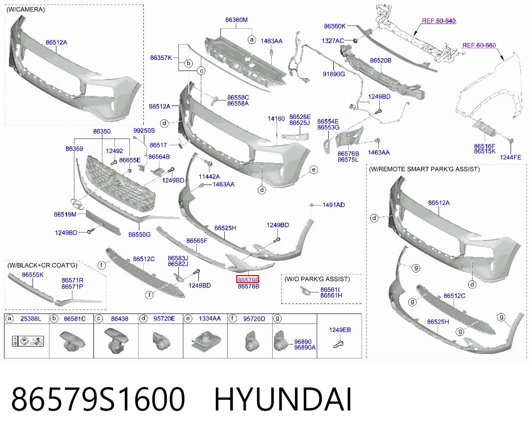 86579S1600 Hyundai/Kia Moldura del parachoques delantero derecho