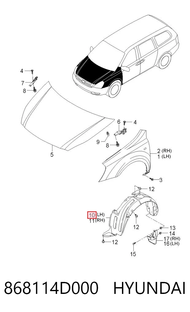 868114D000 Hyundai/Kia Guardalodos interior izquierdo, guardafango delantero