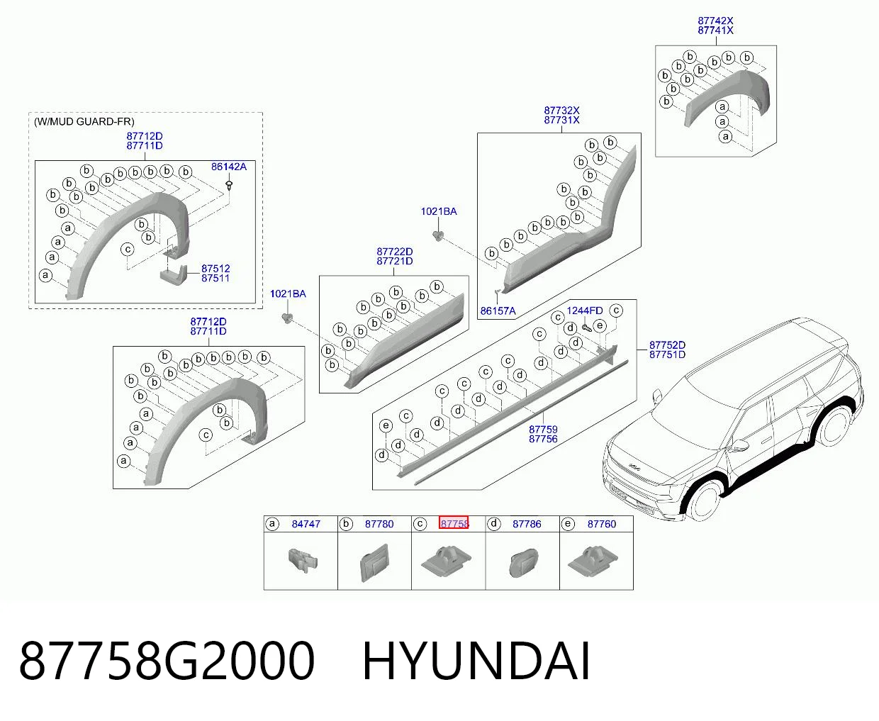 87758G2000 Hyundai/Kia Clip de sujeción de moldura de estribo