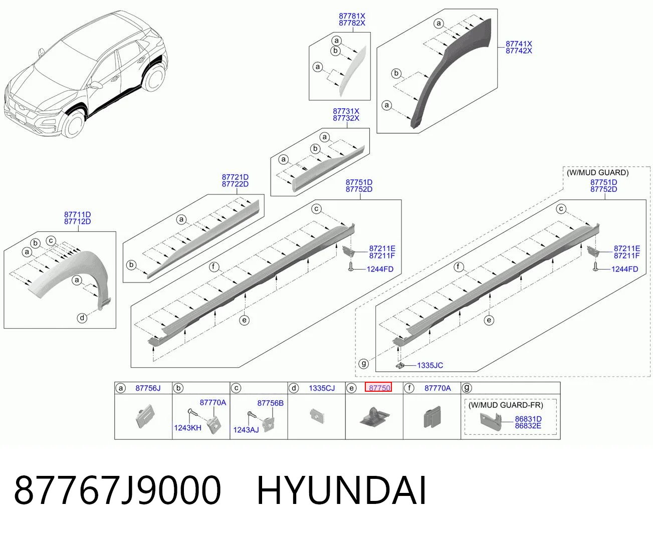 87767J9000 Hyundai/Kia Clip de sujeción de moldura de estribo