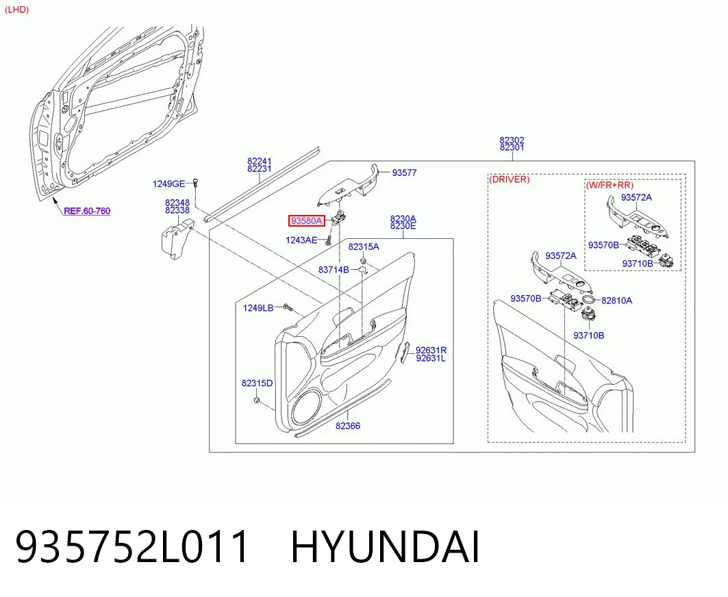935752L011 Hyundai/Kia Botón de encendido, motor eléctrico, elevalunas, puerta delantera derecha