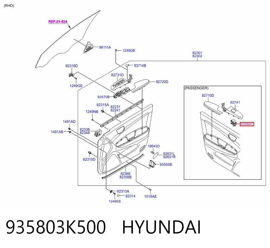 935803K500 Hyundai/Kia Botón de encendido, motor eléctrico, elevalunas, puerta delantera derecha