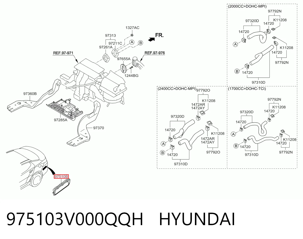 Rejilla de entrada de aire del habitáculo 975103V000QQH HYUNDAI