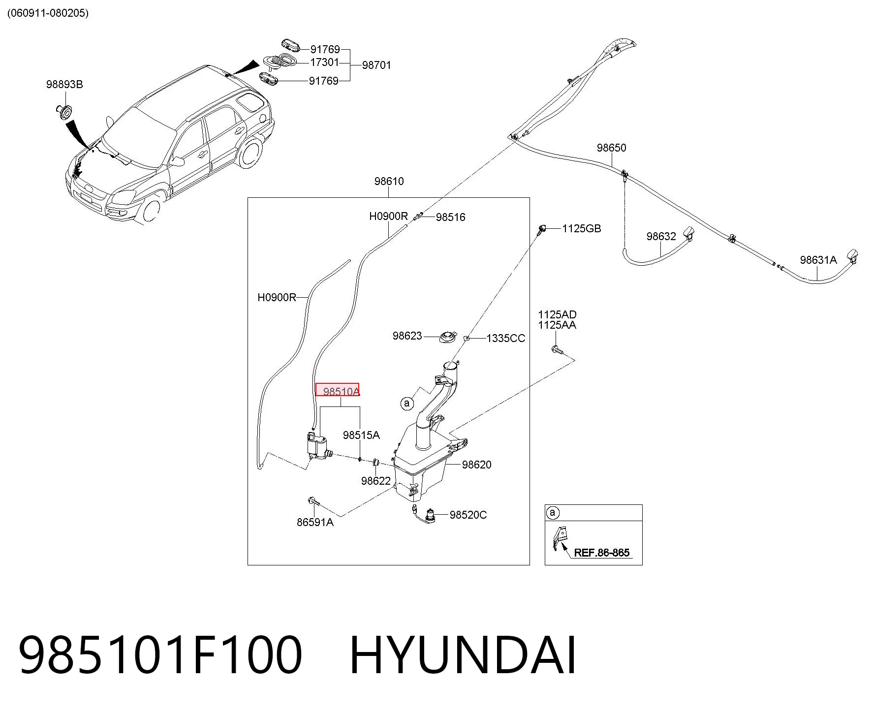 985101F100 Hyundai/Kia Bomba de agua de lavado, lavado de parabrisas, delantera