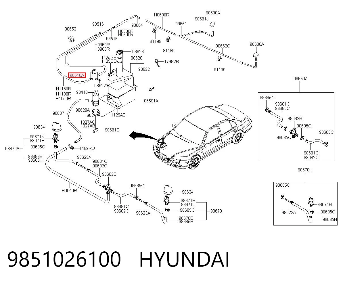 9851026100 Hyundai/Kia Bomba de agua de lavado, lavado de parabrisas, delantera