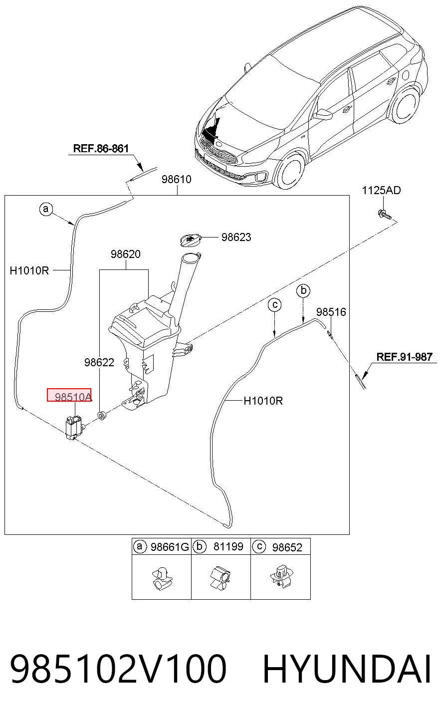 985102V100 Hyundai/Kia Bomba de agua de lavado, lavado de parabrisas, delantera