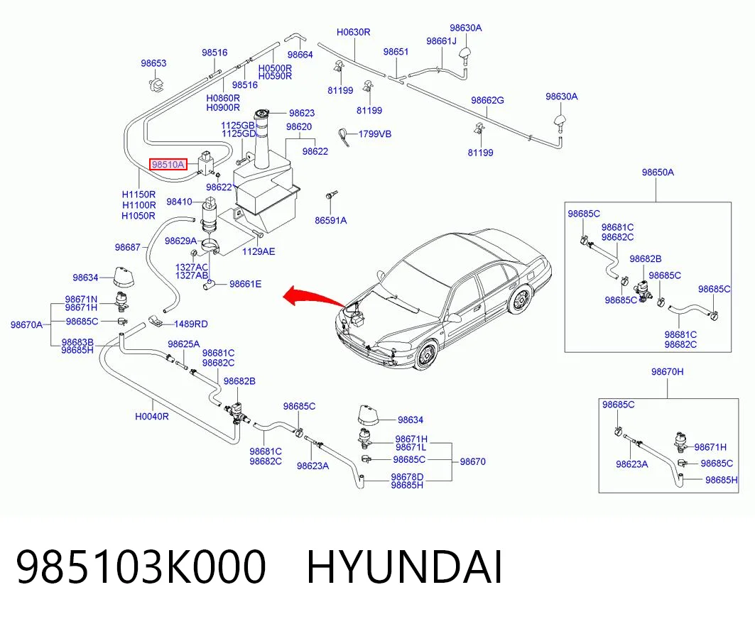 985103K000 Hyundai/Kia Bomba de agua de lavado, lavado de parabrisas, delantera