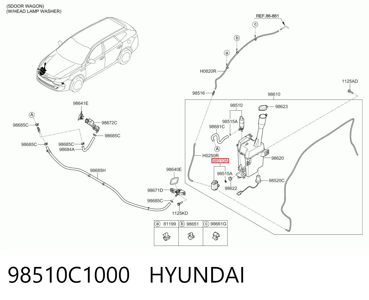 98510C1000 Hyundai/Kia Bomba de agua de lavado, lavado de parabrisas, delantera