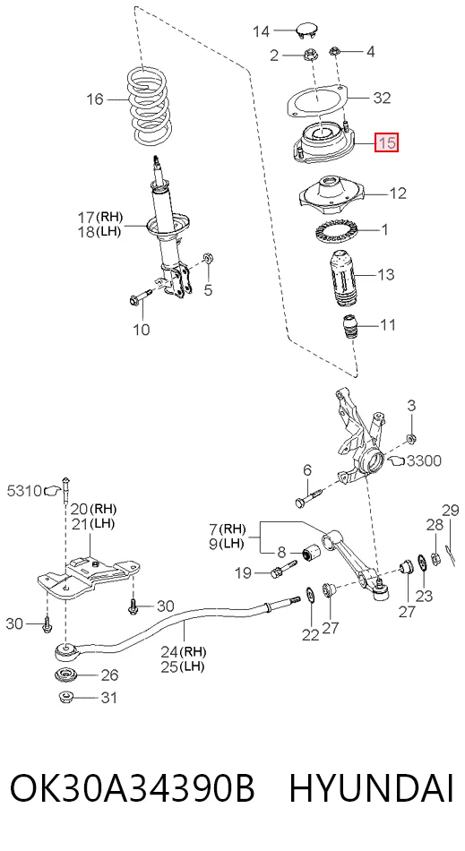 Soporte del amortiguador delantero OK30A34390B HYUNDAI
