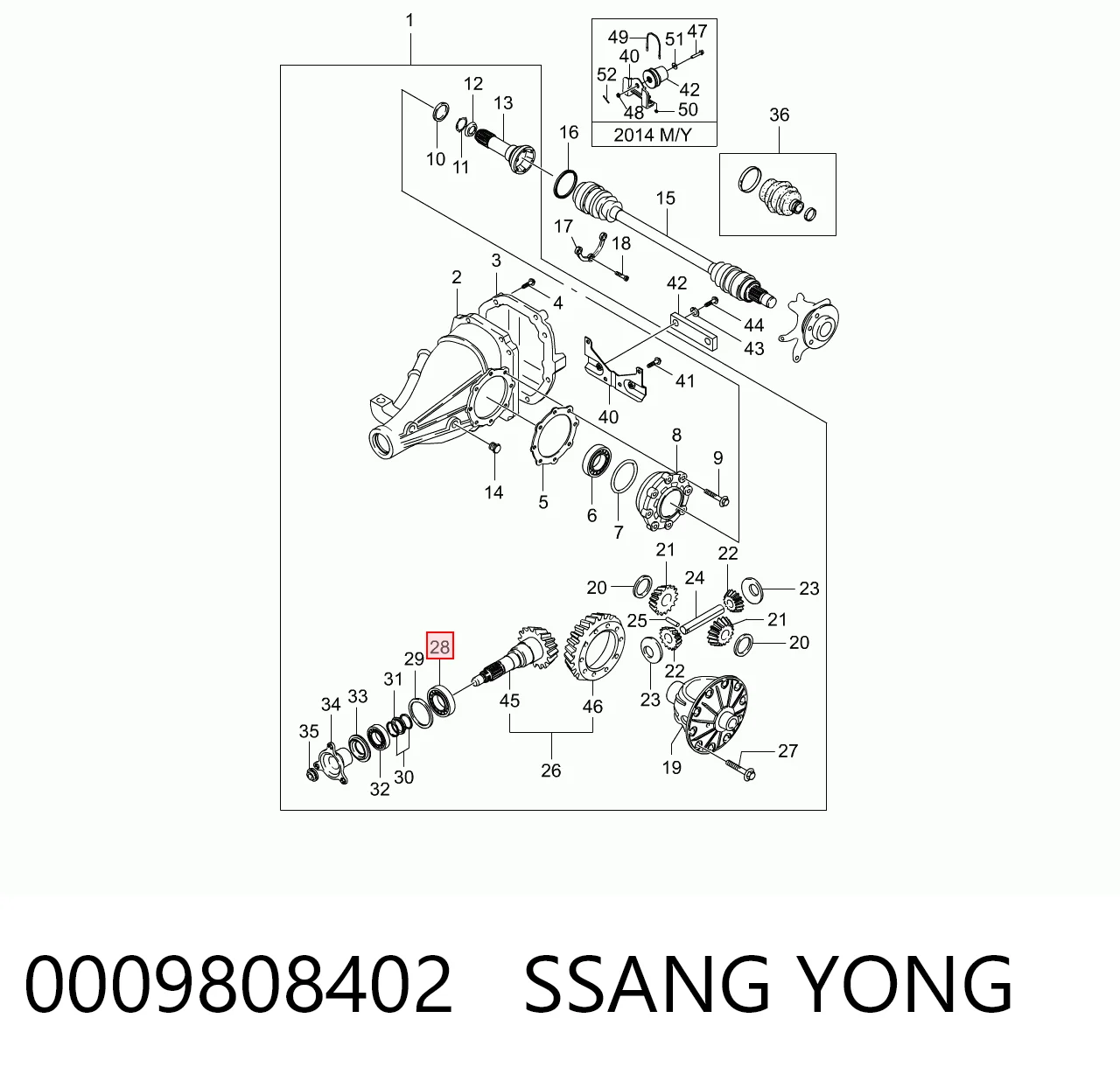 Rodamiento interior del piñón del diferencial trasero 0009808402 SSANG YONG