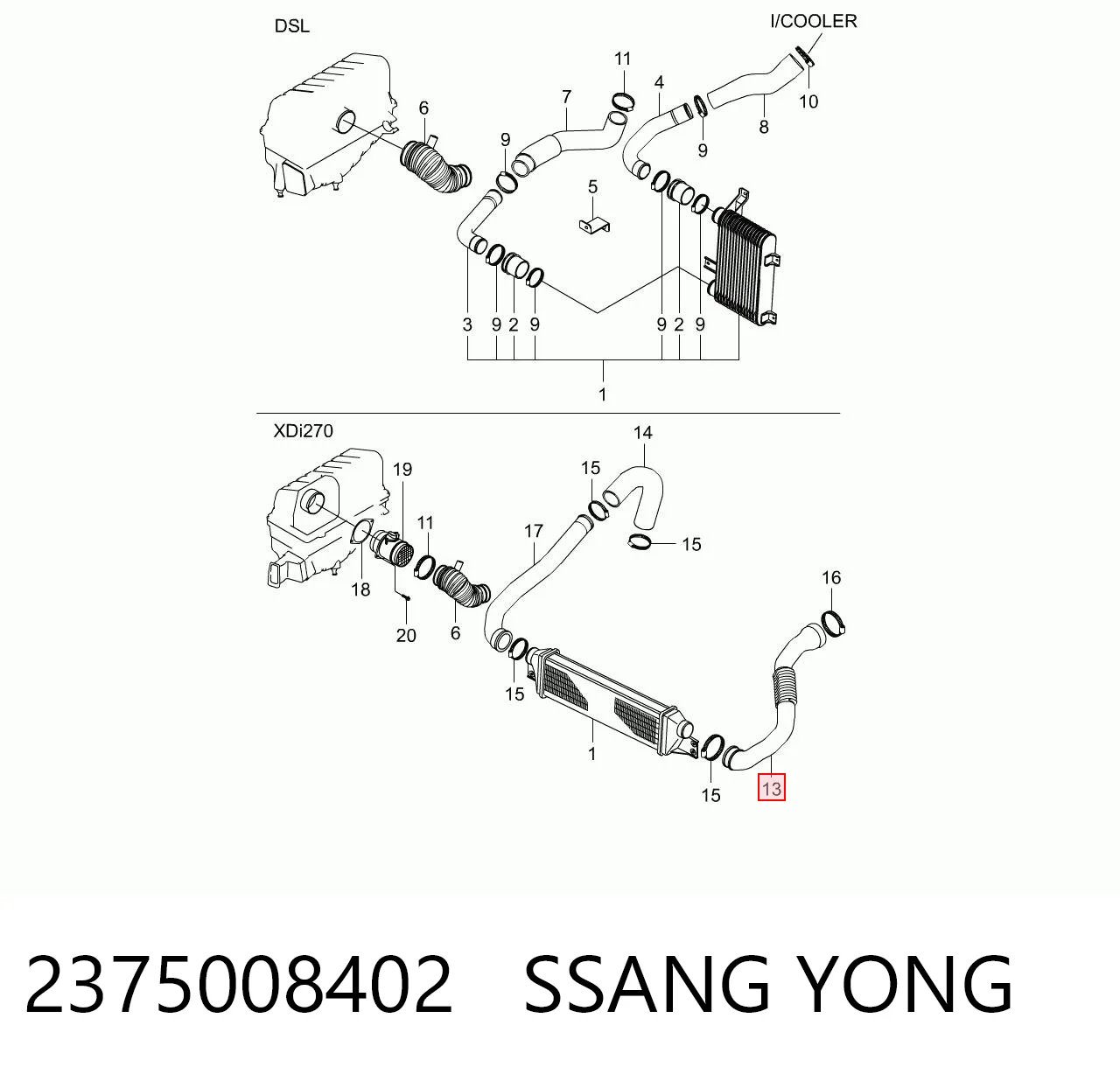 Manguera del intercooler 2375008402 SSANG YONG