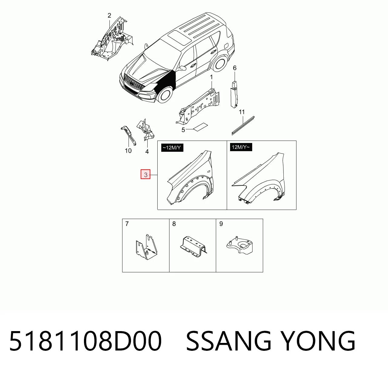 Aleta delantera izquierda 5181108D00 SSANG YONG