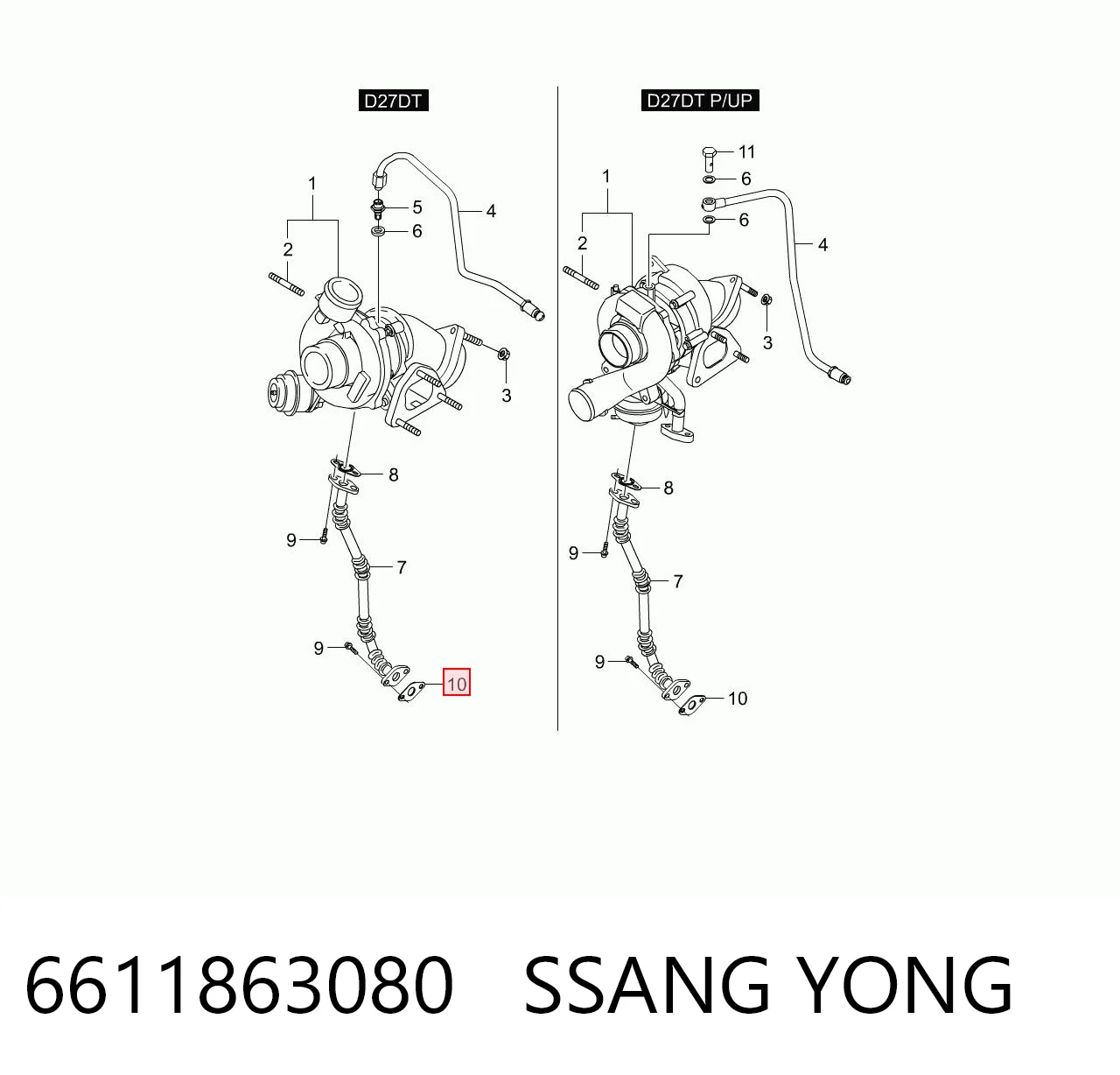 6611863080 Ssang Yong Junta de manguera de drenaje de aceite de turbina