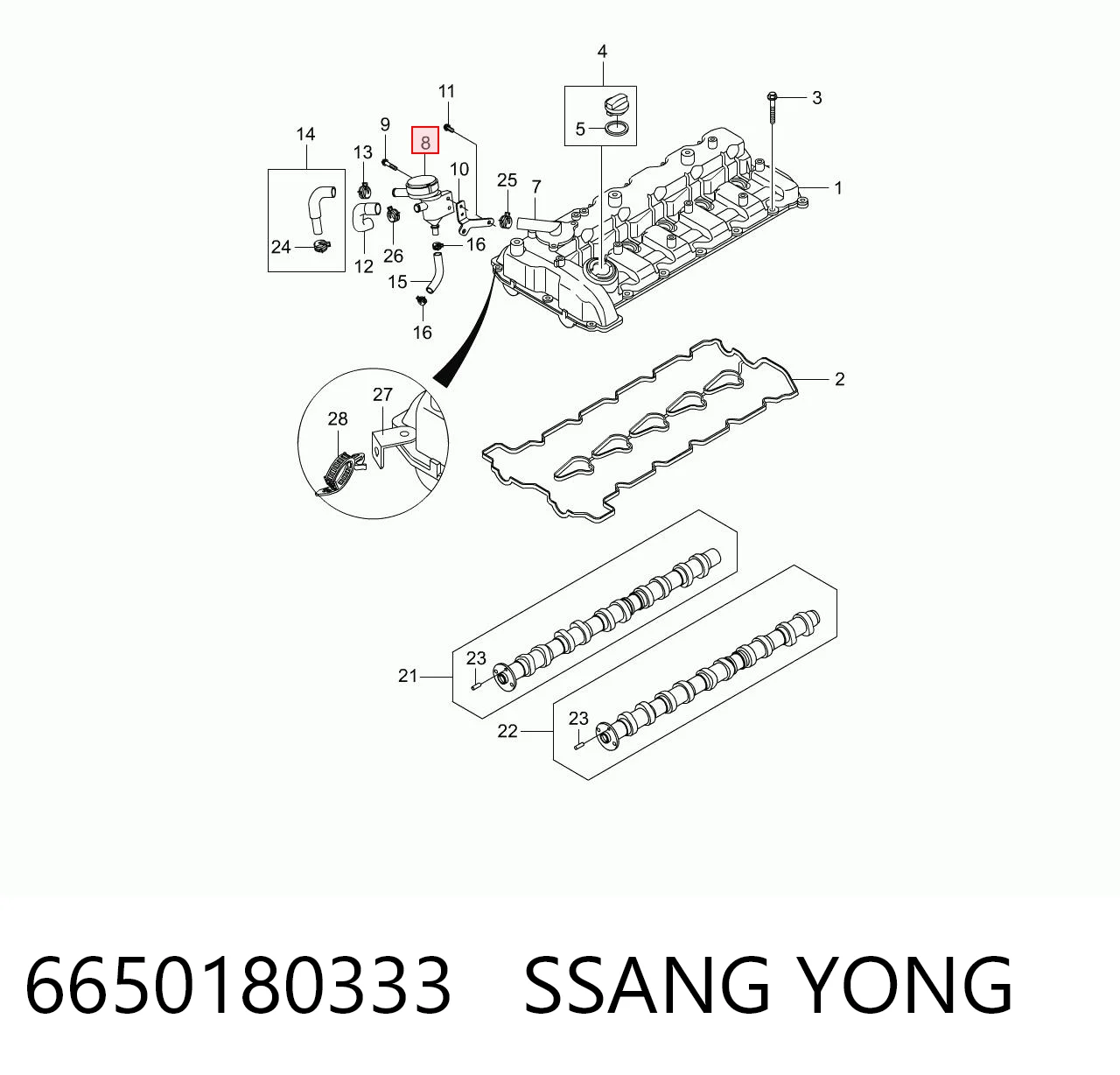 6650180333 Ssang Yong Separador de aceite del sistema de ventilación del cárter