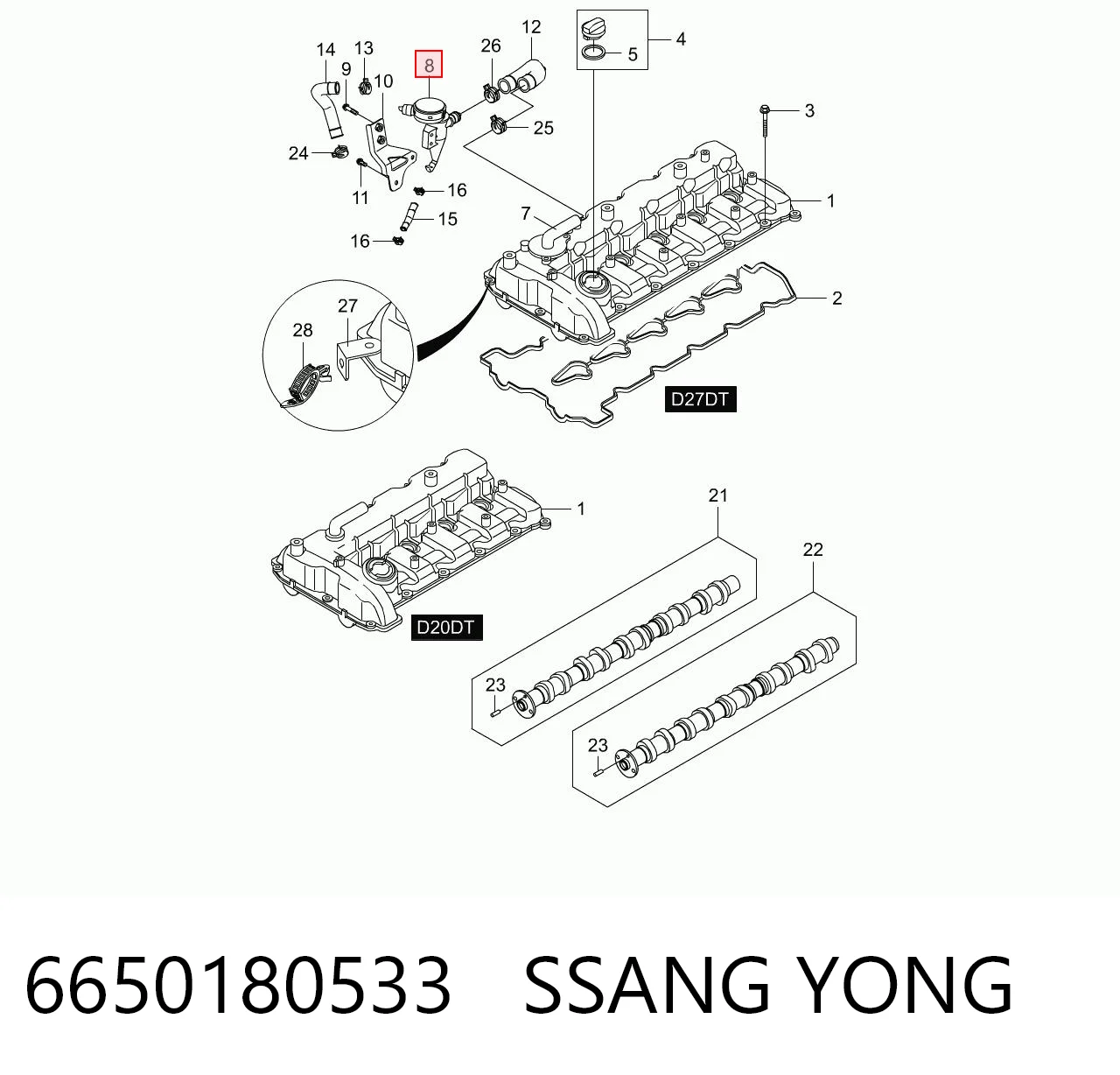 6650180533 Ssang Yong Separador de aceite del sistema de ventilación del cárter