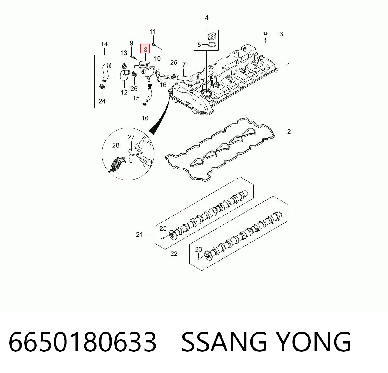 6650180633 Ssang Yong Separador de aceite del sistema de ventilación del cárter