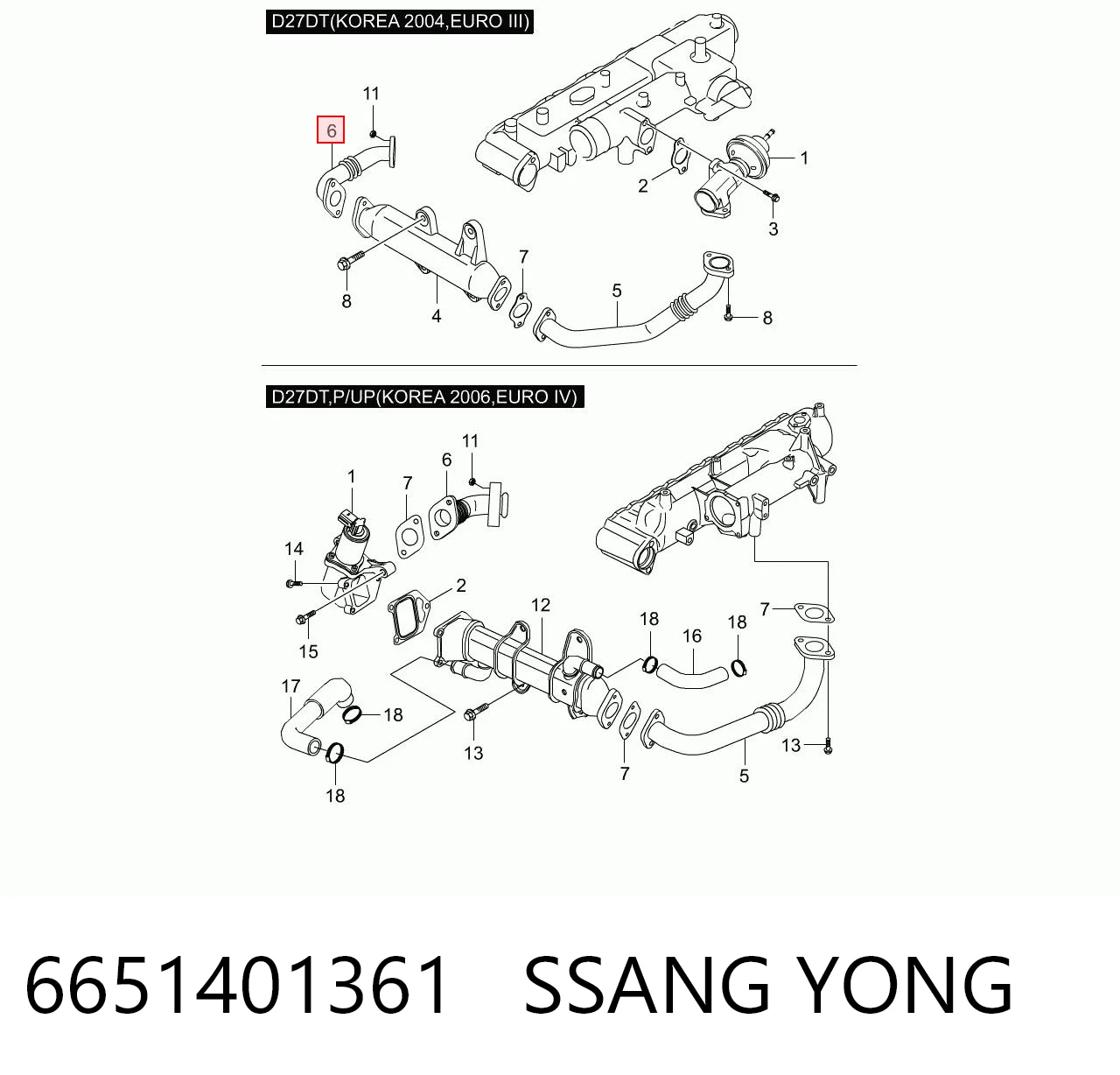 6651401361 Ssang Yong Tubo del sistema de recirculación de gases de escape EGR