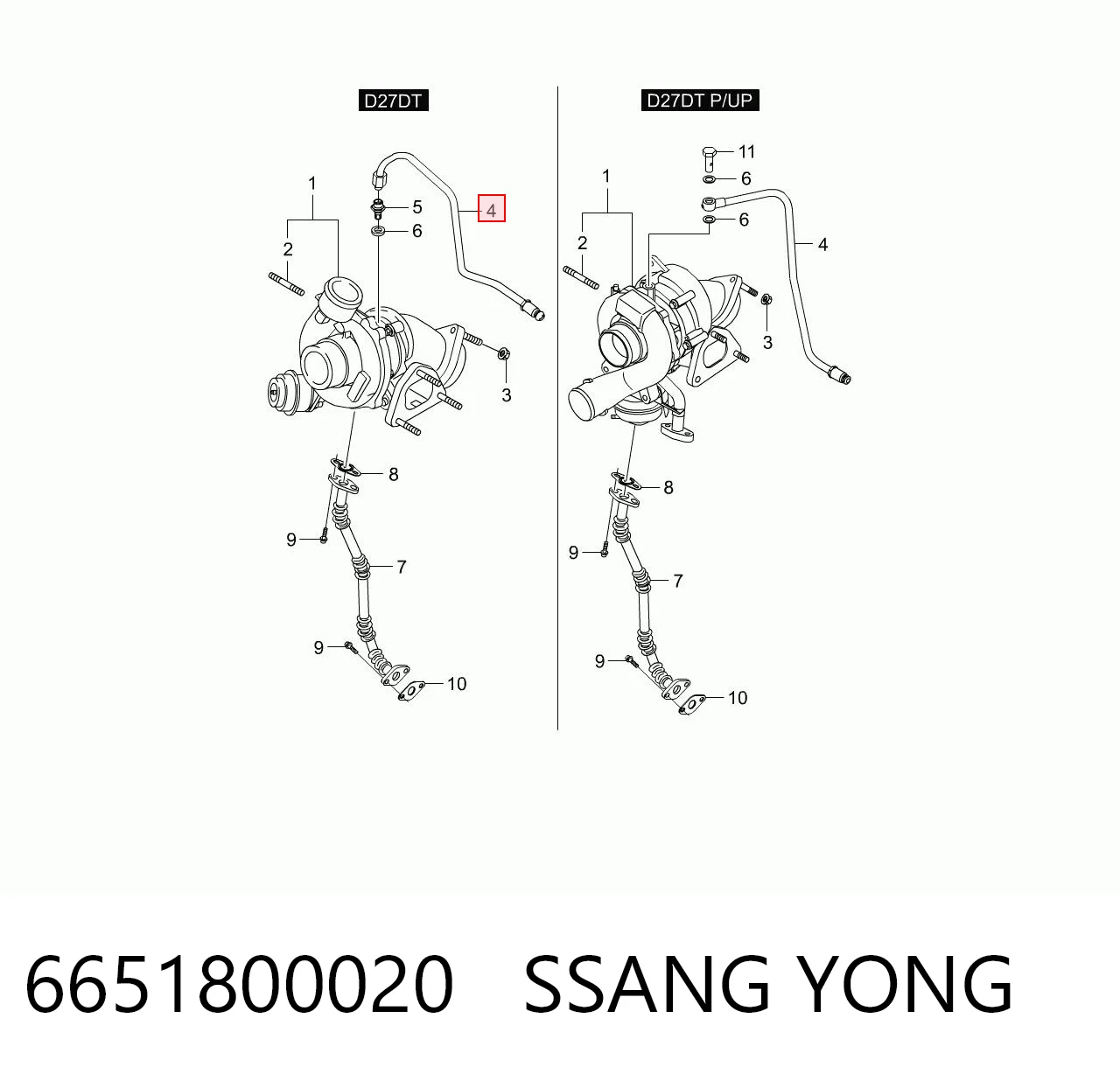 Tubo de suministro de aceite a la turbina 6651800020 SSANG YONG