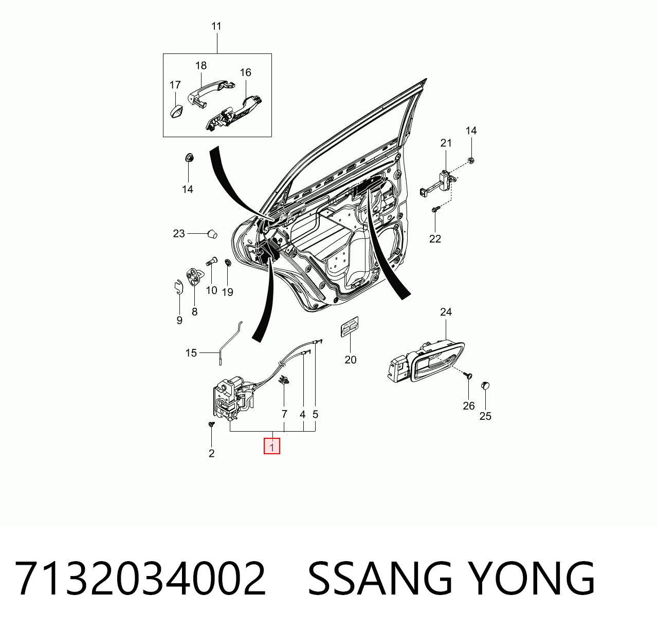 7132034002 Ssang Yong Cerradura de la puerta trasera derecha