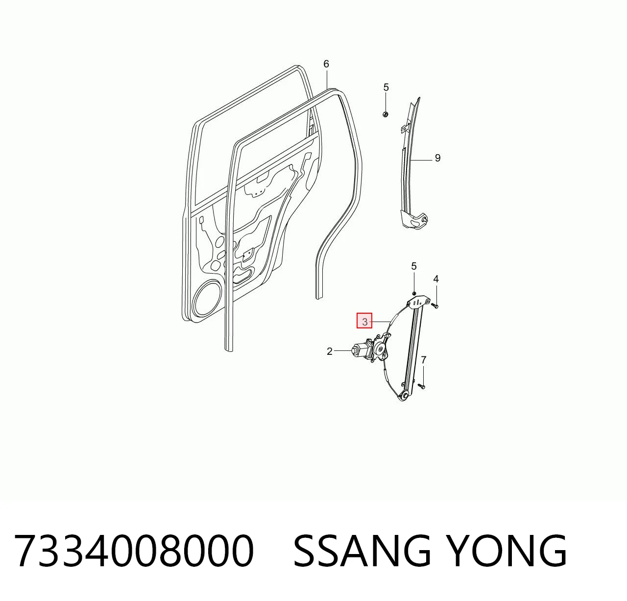 7334008000 Ssang Yong Mecanismo de elevalunas de la puerta trasera derecha