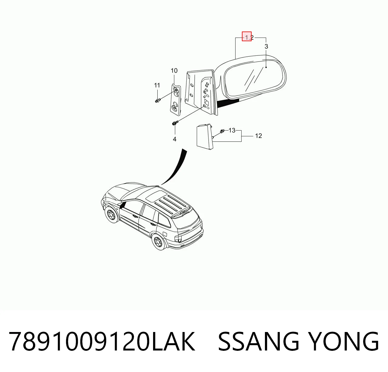 Espejo retrovisor izquierdo 7891009120LAK SSANG YONG