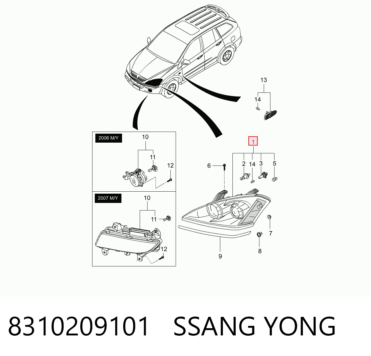 Luz derecha para SsangYong Kyron  