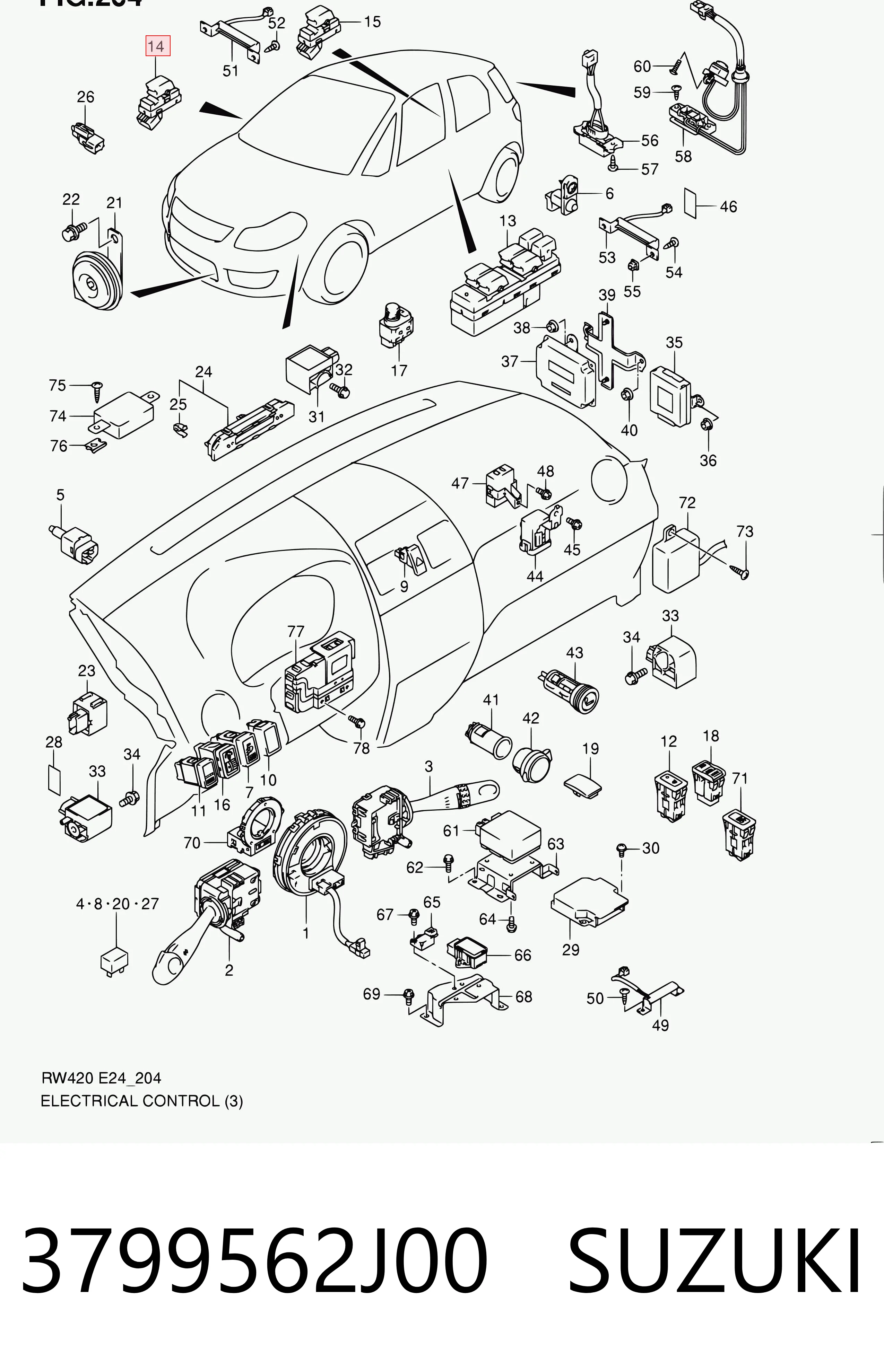 3799562J00 Suzuki Módulo de control del elevalunas trasero derecho