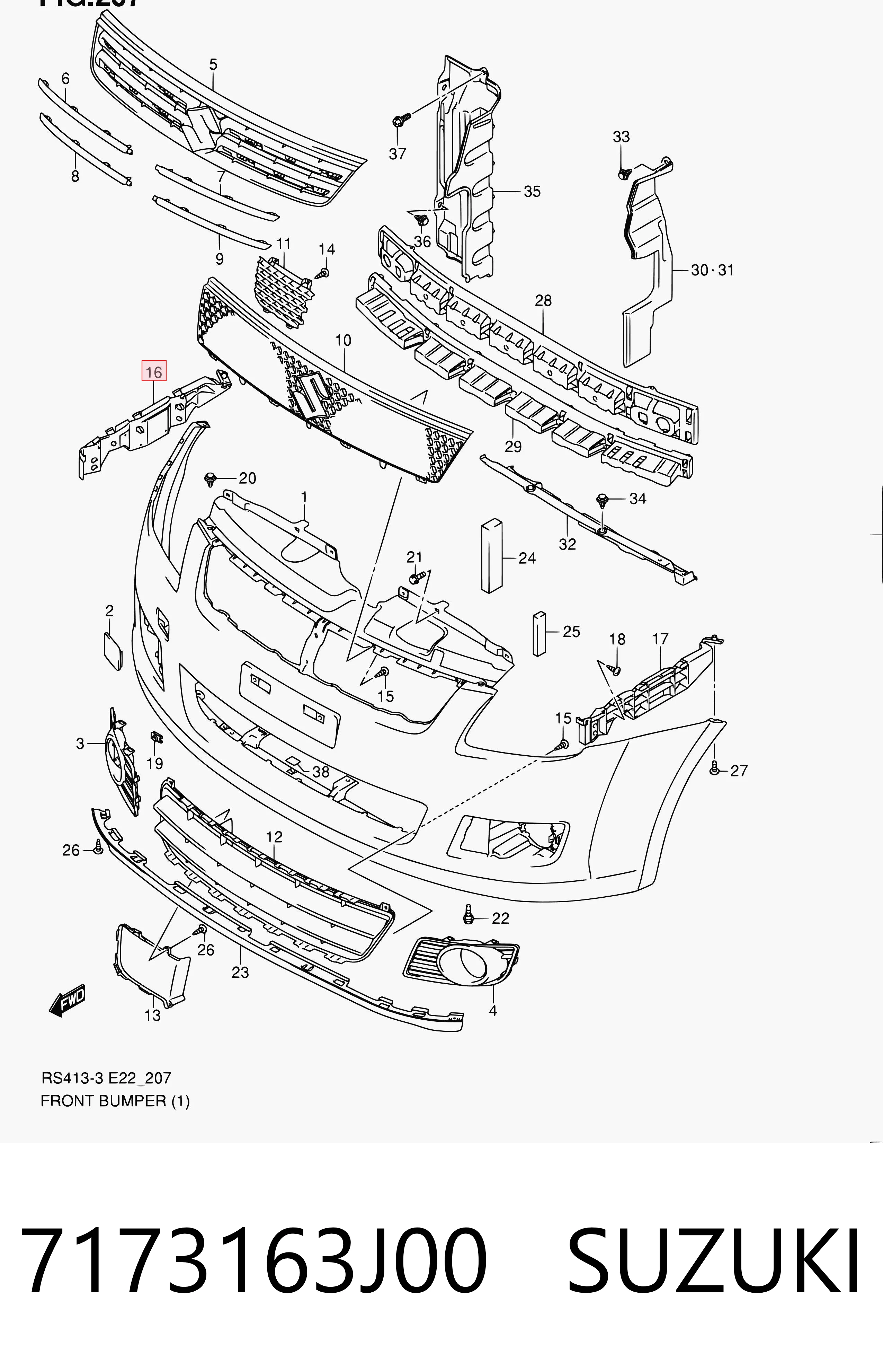 7173163J00 Suzuki Soporte de parachoques delantero derecho