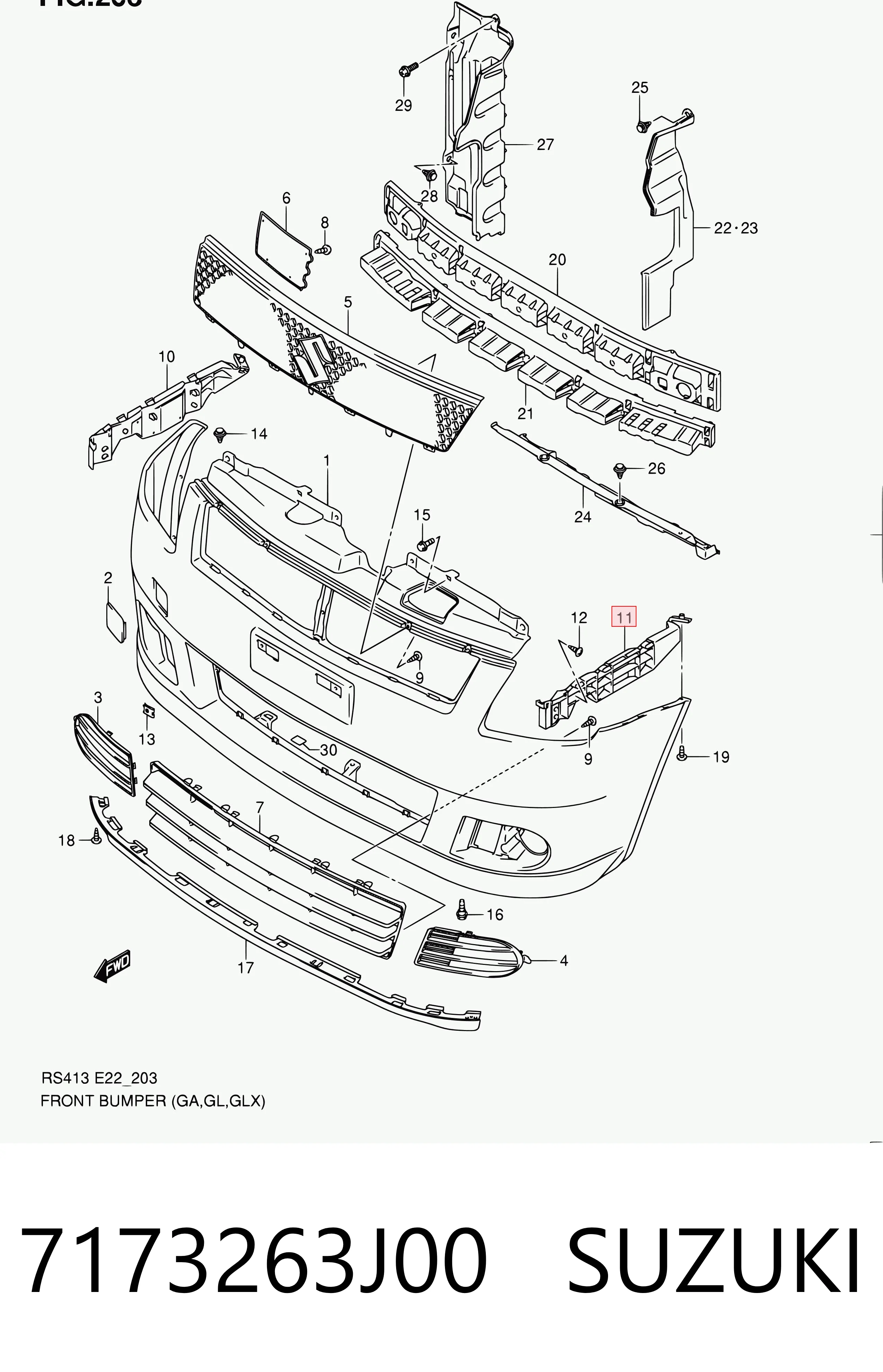 7173263J00 Suzuki Soporte de parachoques delantero izquierdo