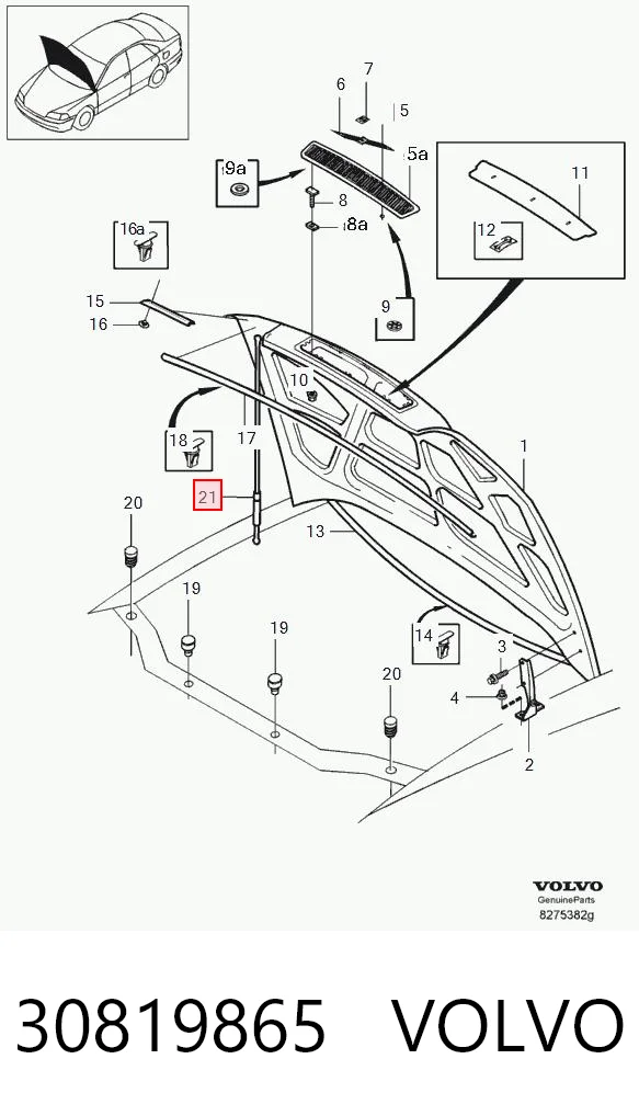 Muelle neumático de capó de motor para Volvo V40 (VW)