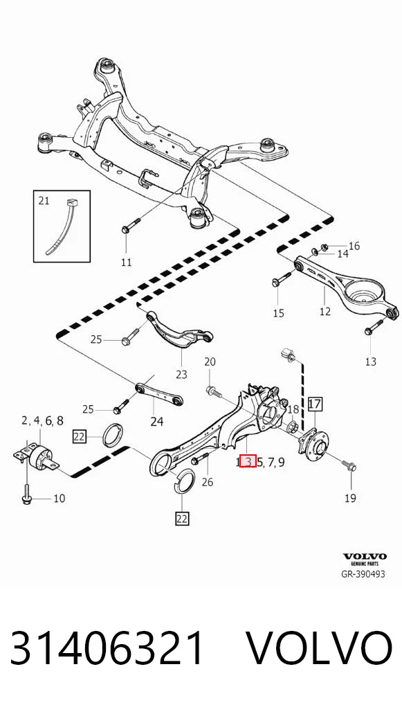 Brazo longitudinal inferior derecho de la suspensión trasera 31406321 VOLVO