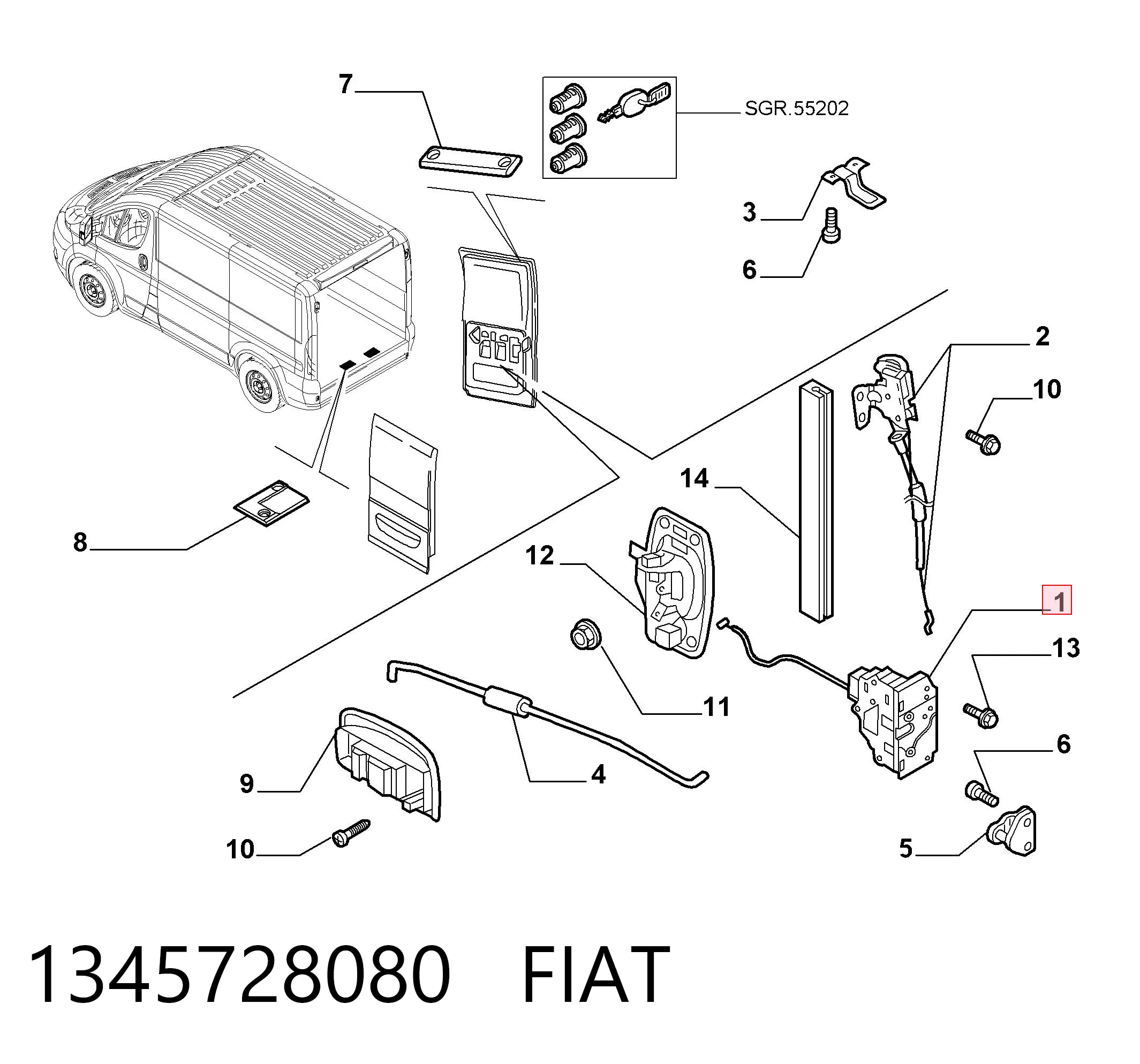 1345728080 Fiat/Alfa/Lancia Cerradura de puerta trasera derecha de doble hoja