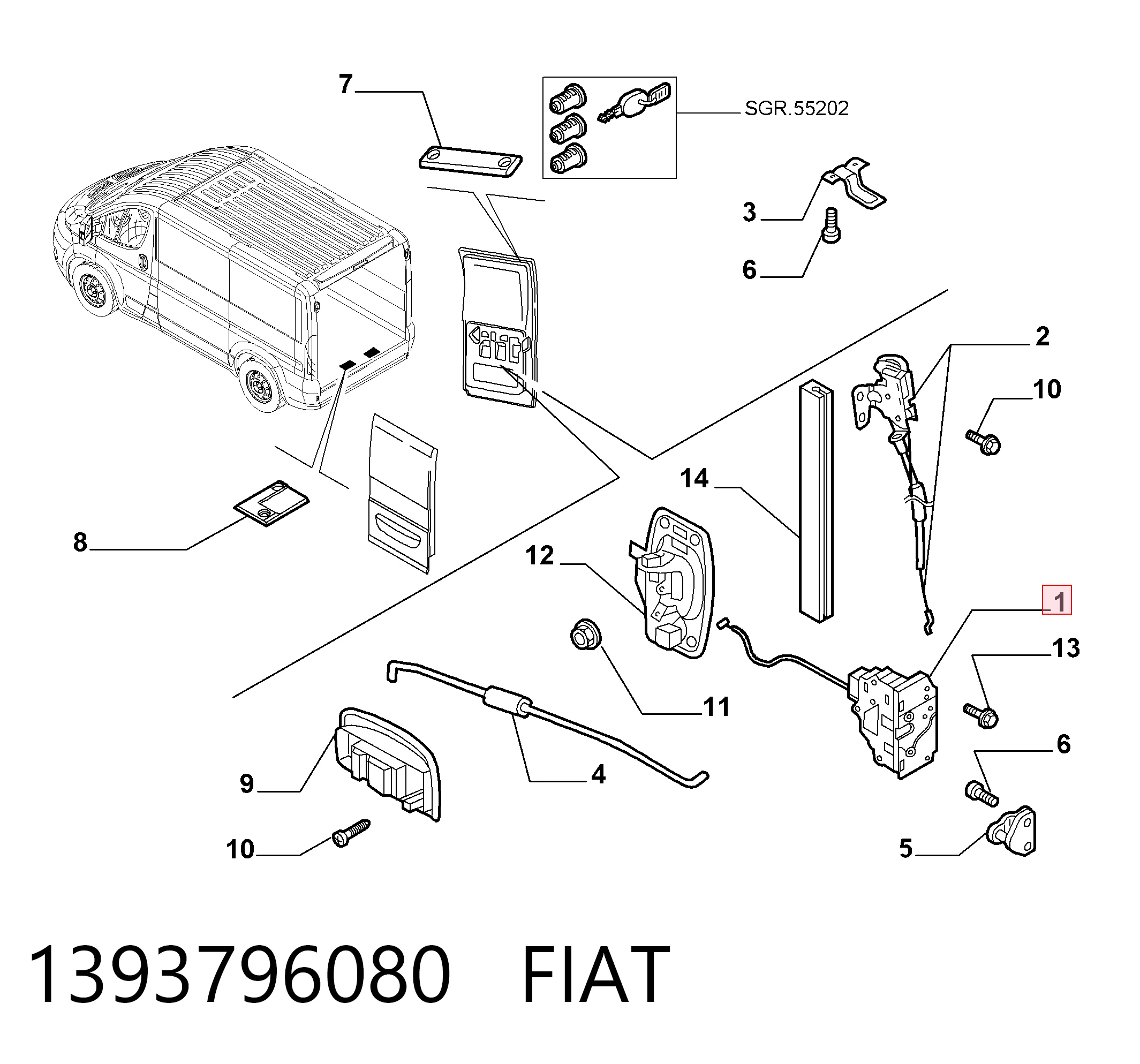 1393796080 Fiat/Alfa/Lancia Cerradura de puerta trasera derecha de doble hoja