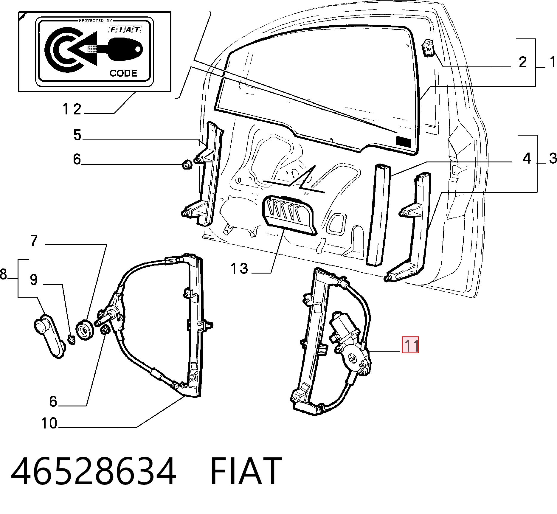Mecanismo levanta, puerta delantera derecha para Fiat Brava  182