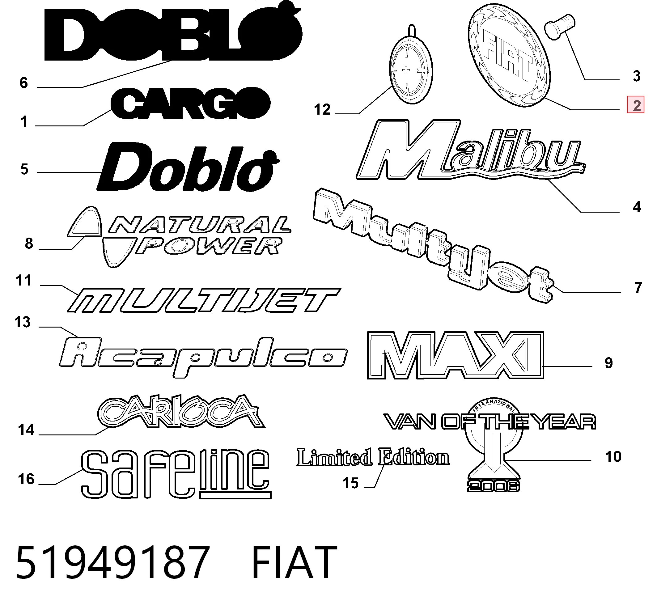 Logotipo de tapa de maletero para Fiat Doblo I 119