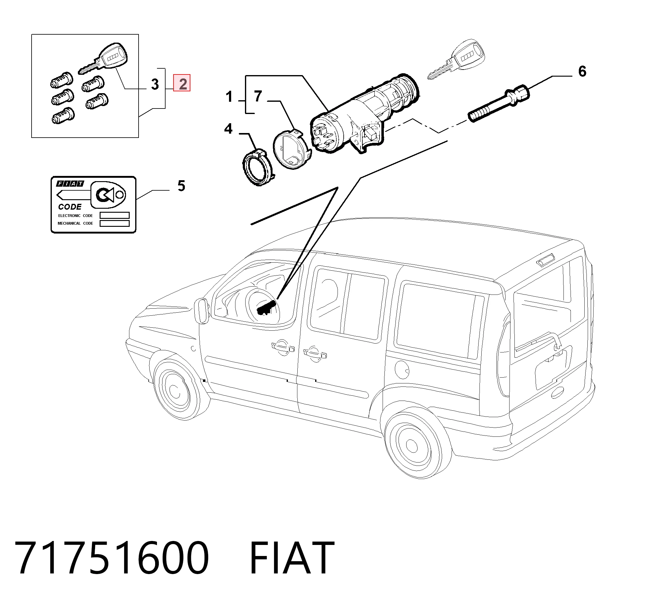 Bombín de cerradura de encendido para Fiat Doblo 223