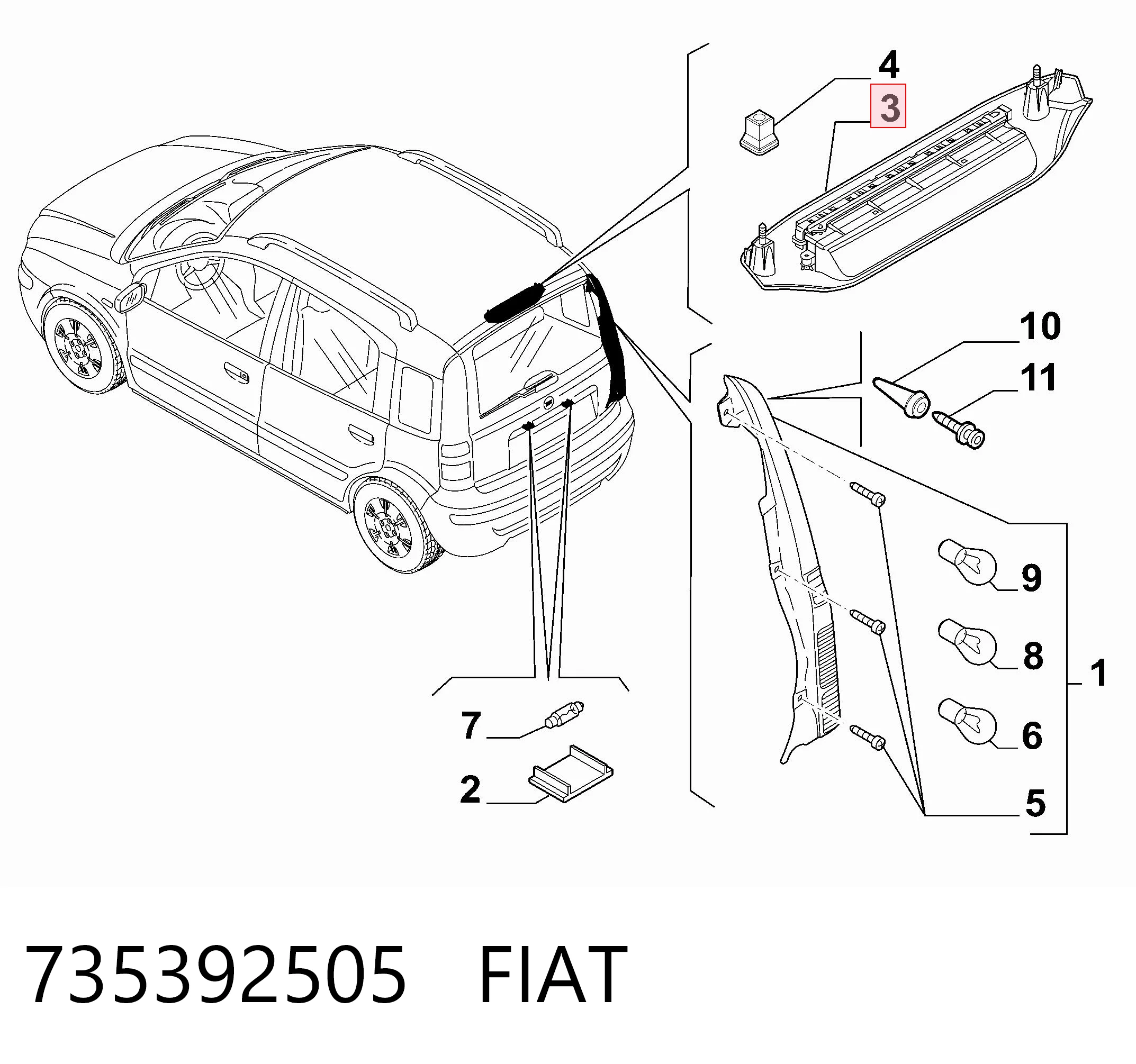 Luz central de freno para Fiat Panda II 169A