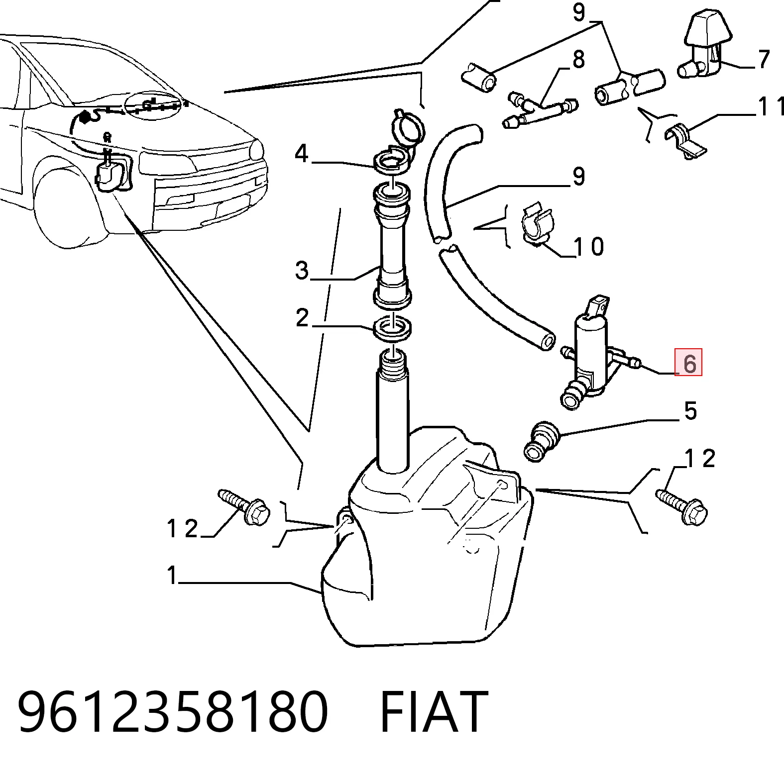 9612358180 Fiat/Alfa/Lancia Bomba de agua de lavado, lavado de parabrisas, delantera