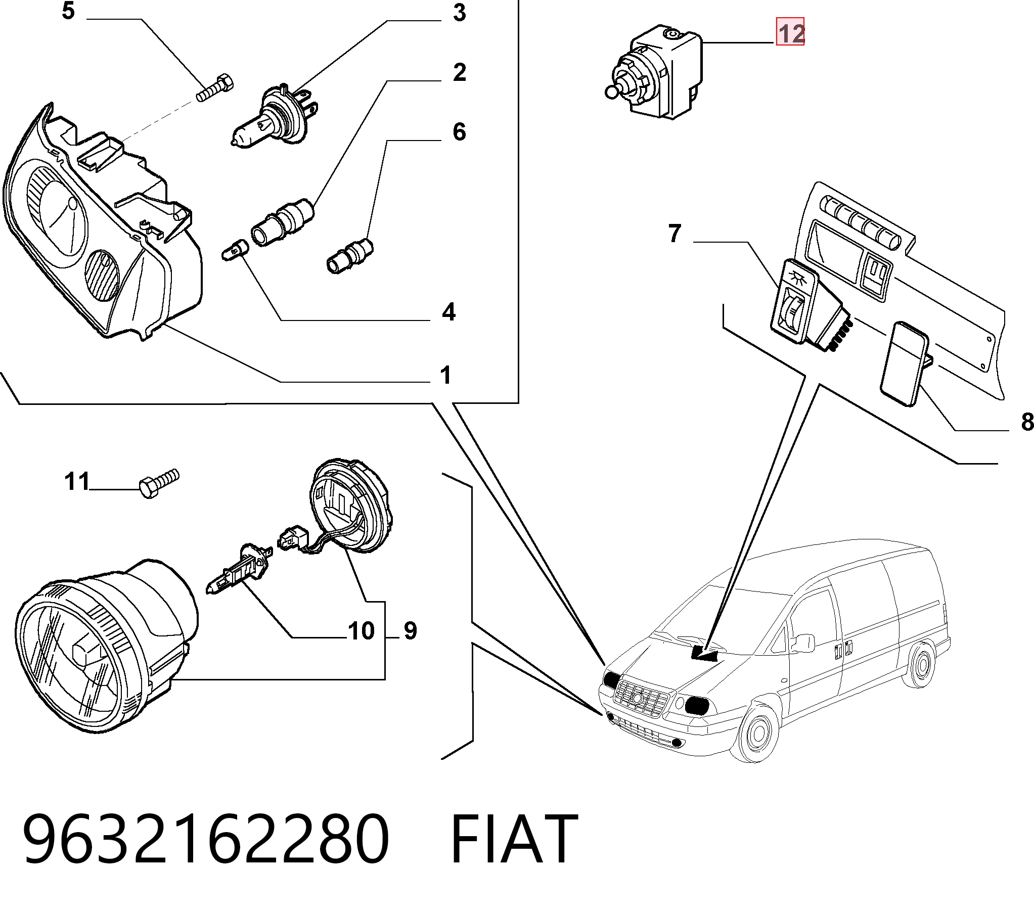 9632162280 Fiat/Alfa/Lancia Elemento de regulación, regulación del alcance de faros 