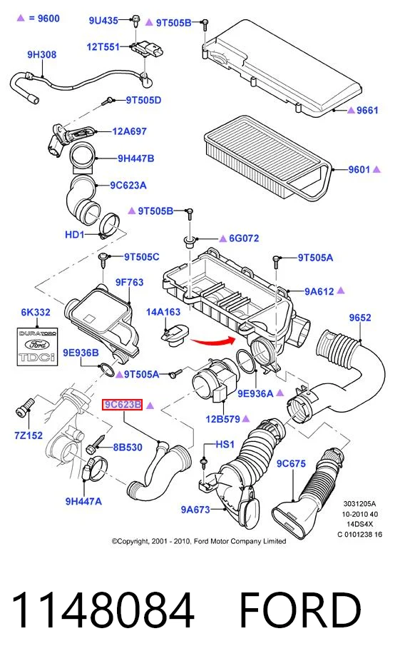1148084 Ford Manguito de aire del medidor de masa de aire