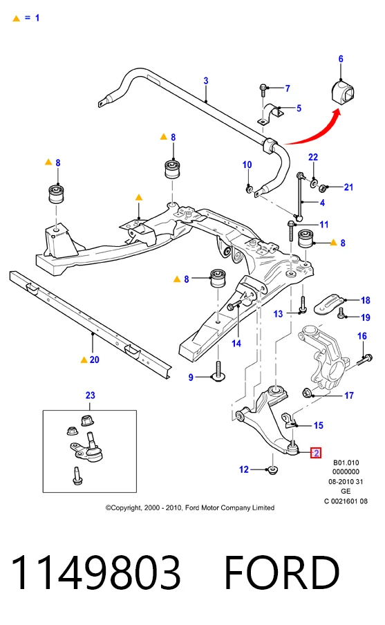 Brazo inferior izquierdo de la suspensión delantera 1149803 FORD