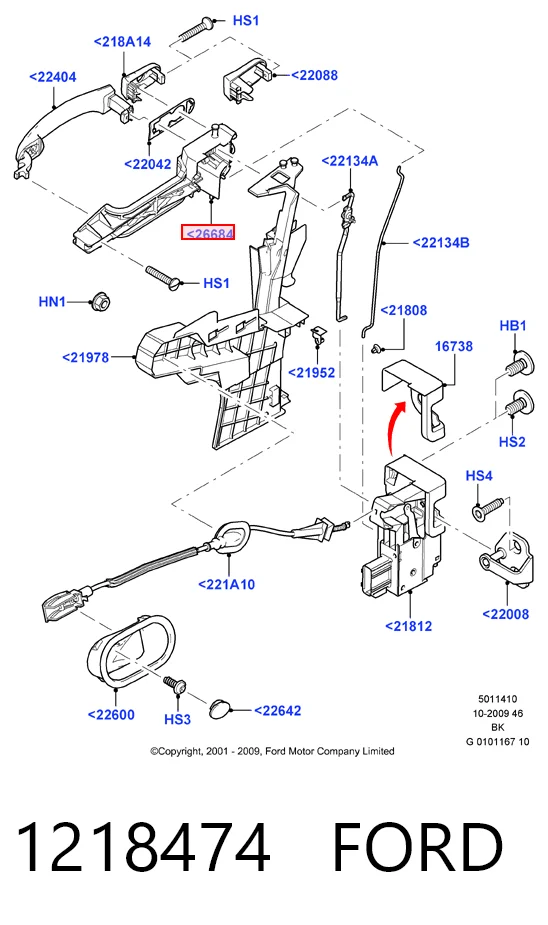 Soporte de manija exterior de puerta delantera derecha 1218474 FORD