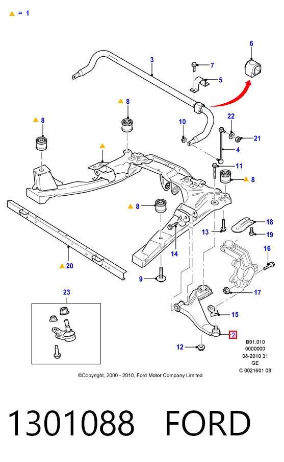 Brazo inferior izquierdo de la suspensión delantera 1301088 FORD