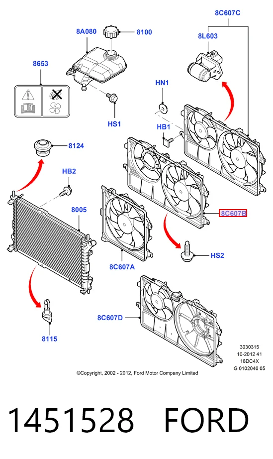 Difusor del radiador de refrigeración con motor y hélice 1451528 FORD